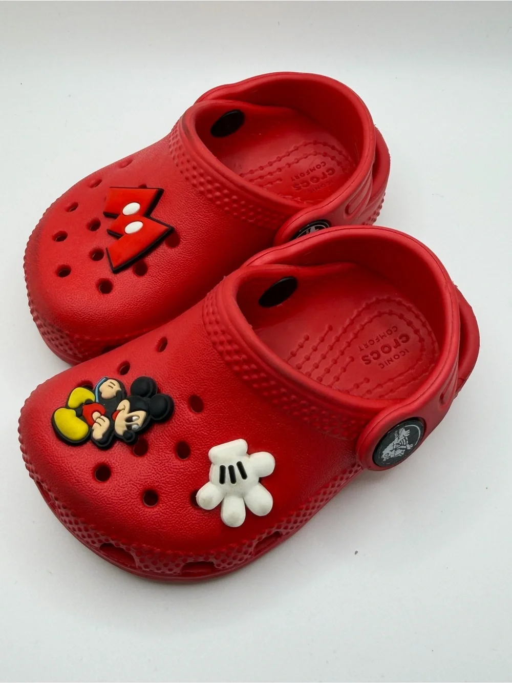 CROCS Kids Red Foam Clogs with Mickey Mouse Charms